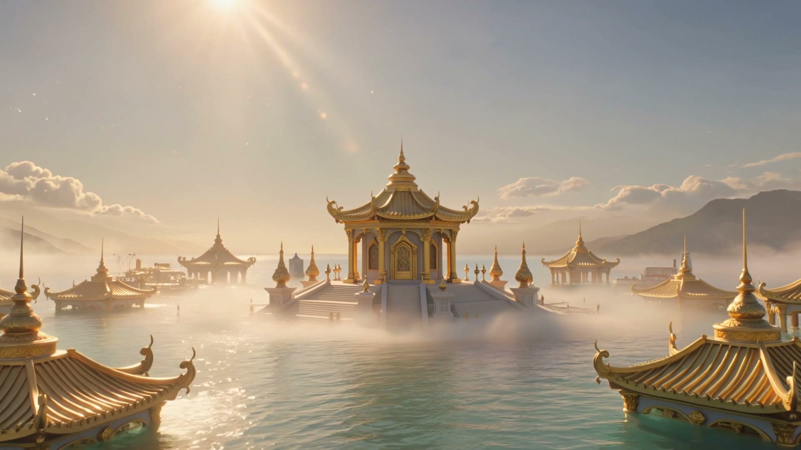 Goldene Tempelstadt auf dem Wasser, Sinnbild für Atlantis