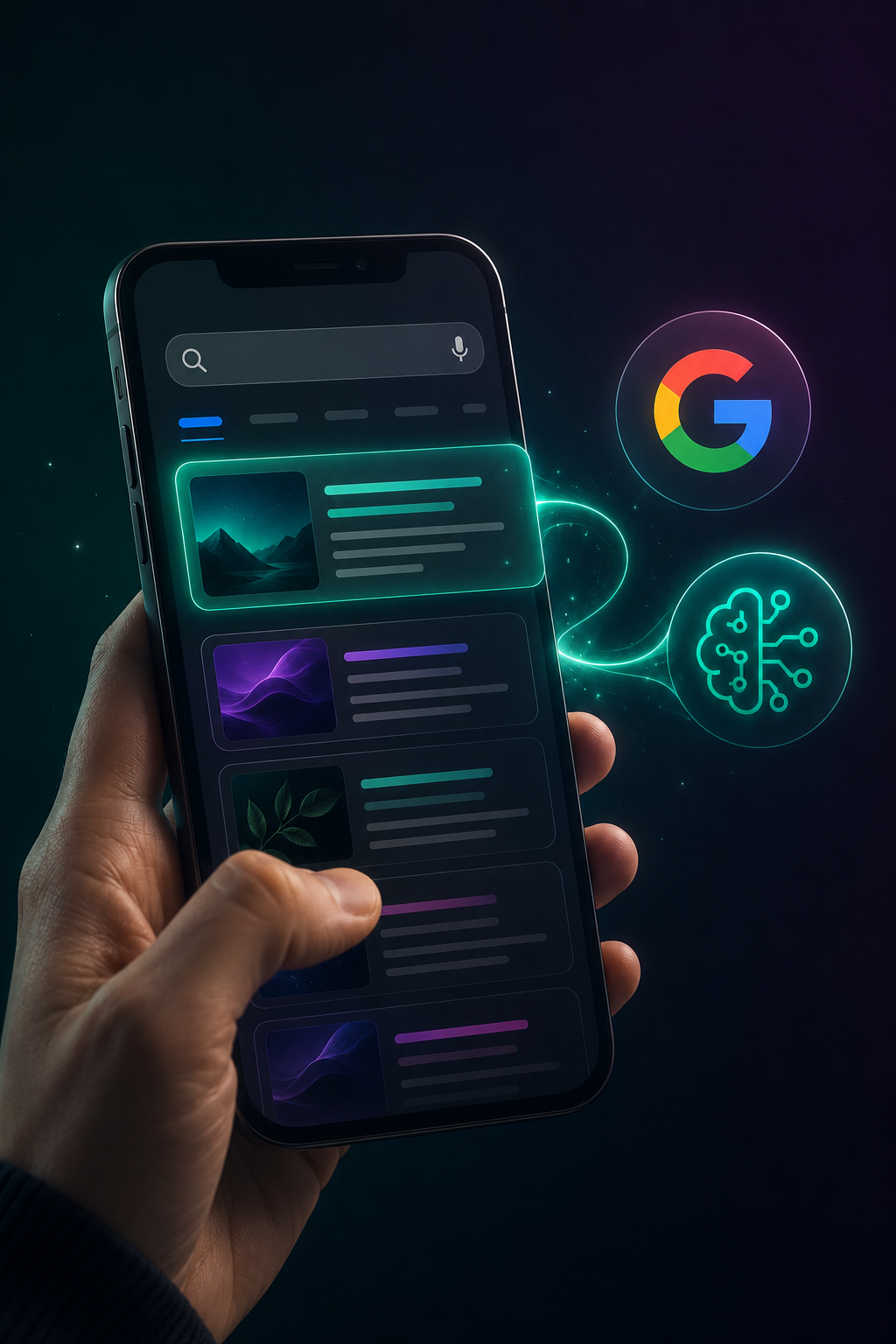 Smartphone mit Google und KI-Suche als Symbol für SEO und GEO Sichtbarkeit