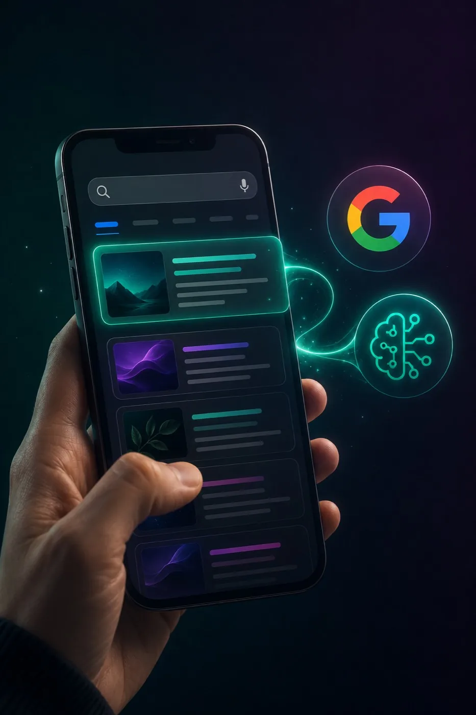 Smartphone mit Google und KI-Suche als Symbol für SEO und GEO Sichtbarkeit