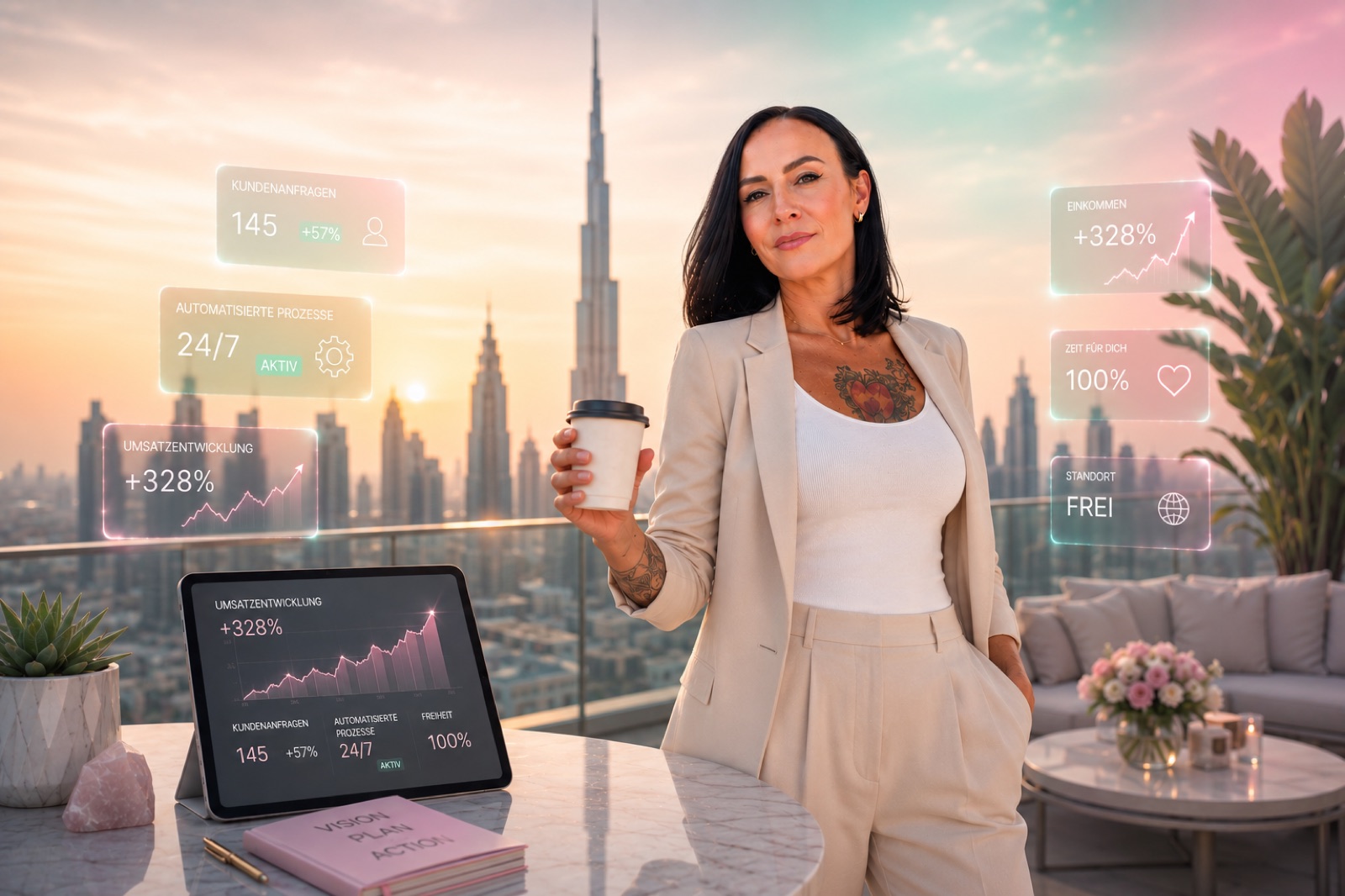 Erfolgreiche Unternehmerin mit Kaffee auf einer Dachterrasse über der Skyline bei Sonnenaufgang, umgeben von KI-Dashboards mit Kundenanfragen, Umsatzentwicklung und automatisierten Prozessen.
