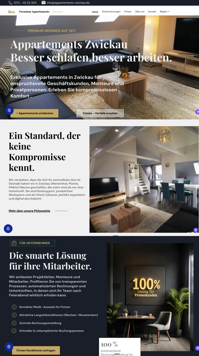 Website Premium Appartements Zwickau, Buchungsseite für Ferienwohnungen, umgesetzt von Soul Marketing
